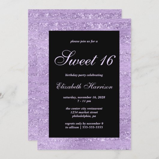 Sweet 16 Elegant Paars Shimmer Birthday Party Kaart (Voorkant / Achterkant)