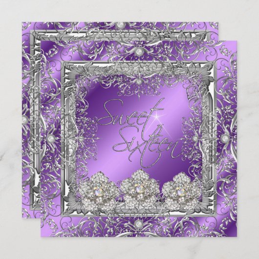 Sweet 16 Elegant Paars Silver 16e verjaardag Kaart (Voorkant / Achterkant)