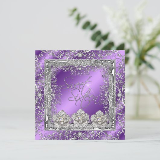 Sweet 16 Elegant Paars Silver 16e verjaardag Kaart (Staand voorkant)