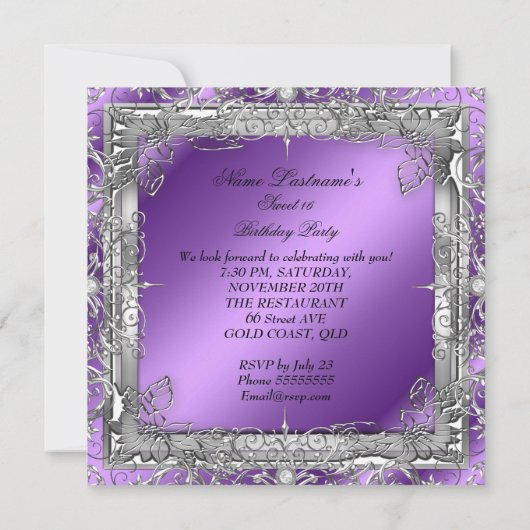 Sweet 16 Elegant Paars Silver 16e verjaardag Kaart (Achterkant)