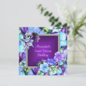 Sweet 16 Elegant Paars Silver Jewel Flowers Kaart (Staand voorkant)