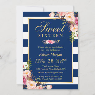 Sweet 16 Elegant Pink Floral Navy Blue Stripes Kaart