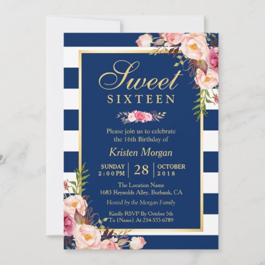 Sweet 16 Elegant Pink Floral Navy Blue Stripes Kaart (Voorkant)