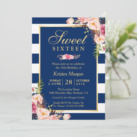 Sweet 16 Elegant Pink Floral Navy Blue Stripes Kaart (Staand voorkant)
