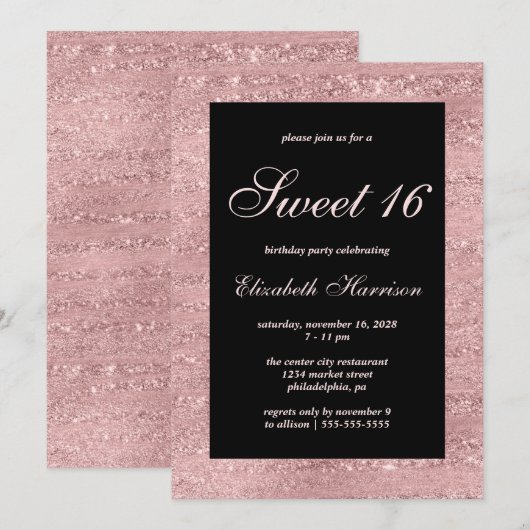 Sweet 16 Elegant Roos Gold Black Birthday Party Kaart (Voorkant / Achterkant)