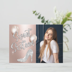 Sweet 16 Elegant Roos Gold & Silver Photo Birthday Kaart