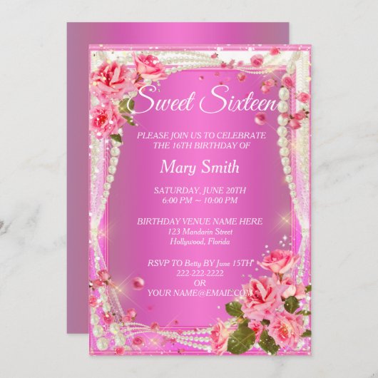 Sweet 16 Elegant Roze Bloemen Verjaardag Uitnodigi Kaart (Voorkant / Achterkant)