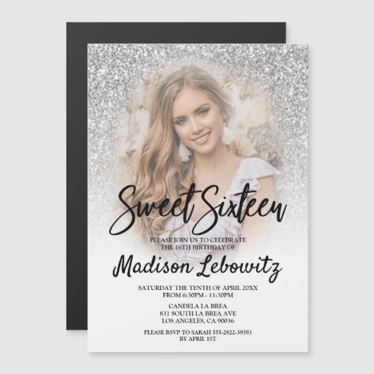 Sweet 16 Elegant Silver & White Magnetic Invite Magnetische Uitnodiging (Voorkant / Achterkant)