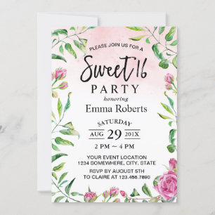 Sweet 16 Elegant Waterverf Floral Girl Birthday Kaart