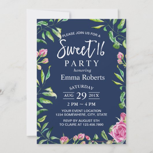 Sweet 16 Elegant Waterverf Floral Navy Blue Kaart (Voorkant)