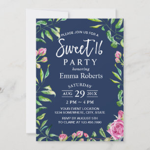 Sweet 16 Elegant Waterverf Floral Navy Blue Kaart