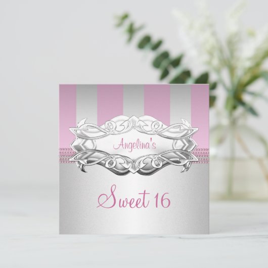 Sweet 16 Elegant White Pink Stripe Birthday Kaart (Staand voorkant)