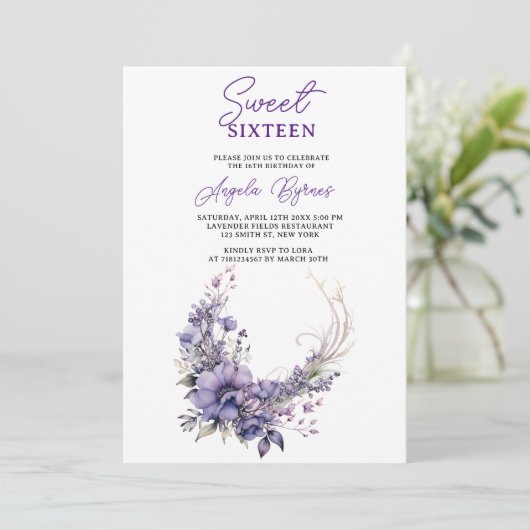 Sweet 16 Elegante Paarse Bloemenkrans Waterverf Kaart (Staand voorkant)