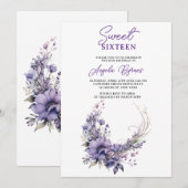 Sweet 16 Elegante Paarse Bloemenkrans Waterverf Kaart (Voorkant / Achterkant)