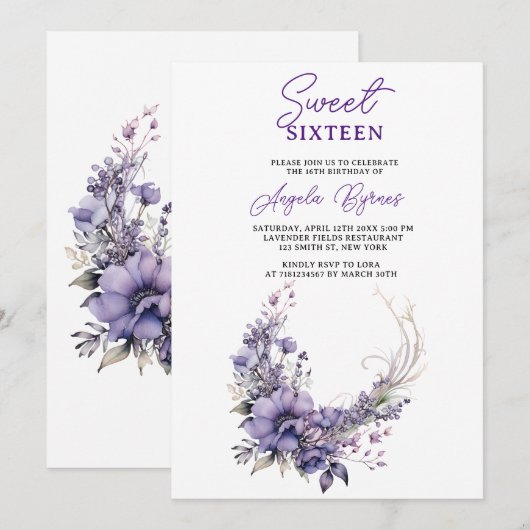 Sweet 16 Elegante Paarse Bloemenkrans Waterverf Kaart (Voorkant / Achterkant)