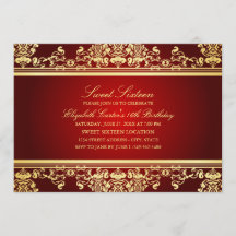Sweet 16 | Elegante Rood & Goud Damast Uitnodiging
