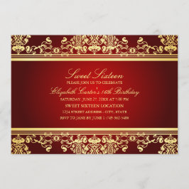 Sweet 16 | Elegante Rood & Goud Damast Uitnodiging