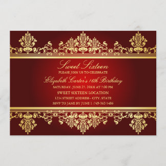 Sweet 16 | Elegante Rood & Goud Damast Uitnodiging