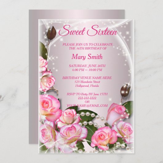 Sweet 16 Elegante Rozen Verjaardag Uitnodiging (Voorkant / Achterkant)