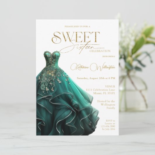 Sweet 16 Emerald Groene Jurk Goud Kaart (Staand voorkant)