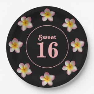 Sweet 16 en roze bloemen op zwarte papieren borden bordje