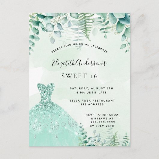 Sweet 16-enchanted Forest-jurk-uitnodiging Briefkaart (Voorkant)