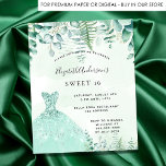 Sweet 16-enchanted Forest-jurk-uitnodiging Briefkaart<br><div class="desc">Een trendy uitnodiging voor een Sweet 16, 16e verjaardagsfeestje, met een betoverend bosthema. Een groene waterkleurige achtergrond met fernons en eucalyptusgroen, een groene jurk. De naam wordt geschreven met een modern handgeschreven stijlmanuscript met letters. Pas je partijgegevens aan en voeg deze toe. Tip: als je niet wilt dat het eruit...</div>