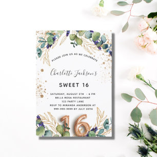Sweet 16 eucalyptus greenery glitter elegant uitnodiging briefkaart