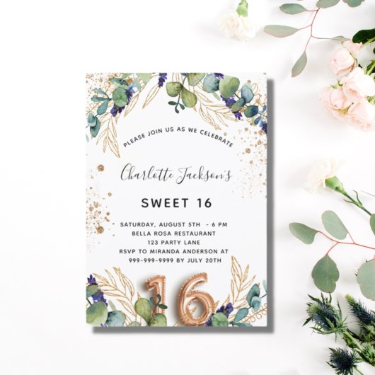 Sweet 16 eucalyptus greenery glitter elegant uitnodiging briefkaart