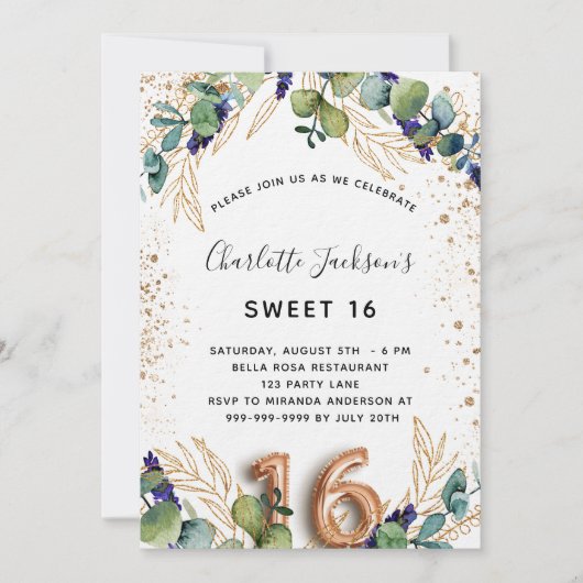 Sweet 16 eucalyptus greenery glitter luxe kaart (Voorkant)