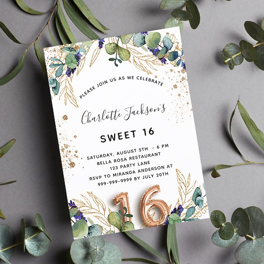 Sweet 16 eucalyptus greenery glitter luxe kaart