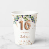 Sweet 16 eucalyptus greenery glitter monogram papieren bekers (Achterkant)