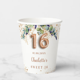 Sweet 16 eucalyptus greenery glitter monogram papieren bekers