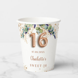 Sweet 16 eucalyptus greenery glitter monogram papieren bekers