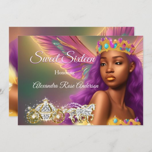 Sweet 16 Fairytale Paarse Pink Gold Carriage Kaart (Voorkant / Achterkant)