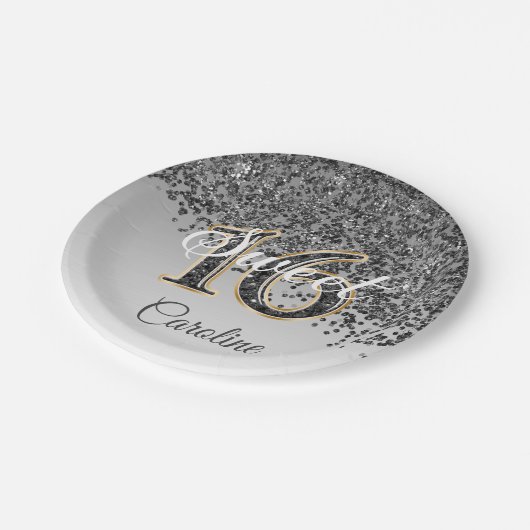 Sweet 16 Falling Black Glitter & Monogram Papieren Bordje (Gekanteld)