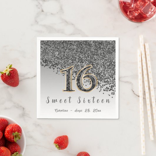 Sweet 16 Falling Black Glitter & Monogram Servet (Insitu)