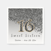 Sweet 16 Falling Black Glitter & Monogram Servet (Voorkant)