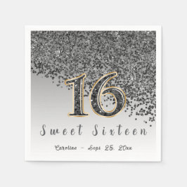 Sweet 16 Falling Black Glitter & Monogram Servet