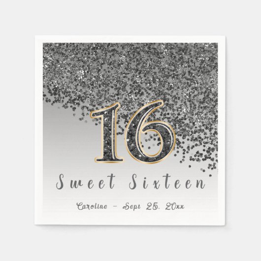 Sweet 16 Falling Black Glitter & Monogram Servet (Voorkant)