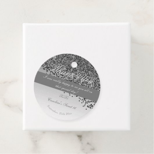 Sweet 16, Falling Black Gold Glitter Bedankjes Labels (In situ)