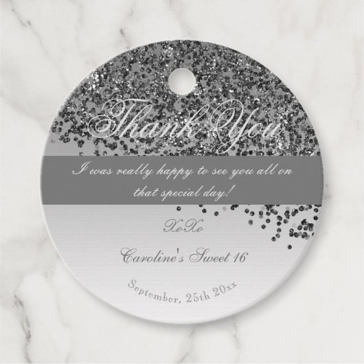 Sweet 16, Falling Black Gold Glitter Bedankjes Labels (Voorkant)