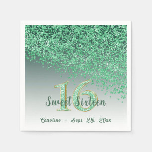 Sweet 16 Falling Green Glitter & Monogram Servet