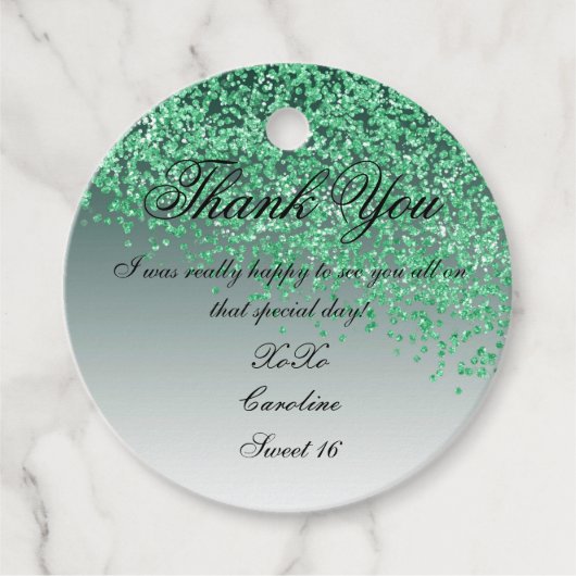 Sweet 16 Falling Green Glitter Personalized Bedankjes Labels (Voorkant)