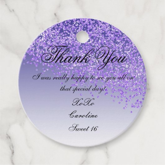 Sweet 16 Falling Paars Glitter Personalized Bedankjes Labels (Voorkant)