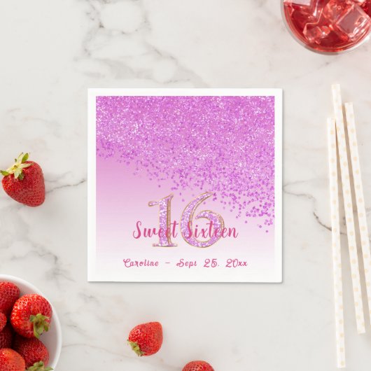 Sweet 16 Falling Pink Glitter & Monogram Napkins Servet (Insitu)