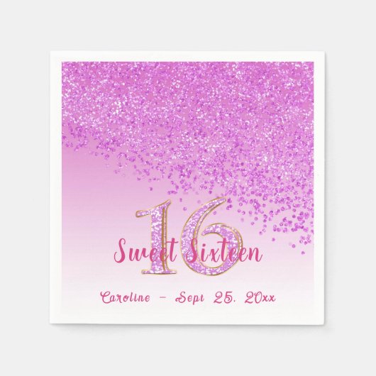 Sweet 16 Falling Pink Glitter & Monogram Napkins Servet (Voorkant)