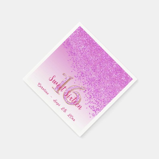 Sweet 16 Falling Pink Glitter & Monogram Napkins Servet (Hoek)