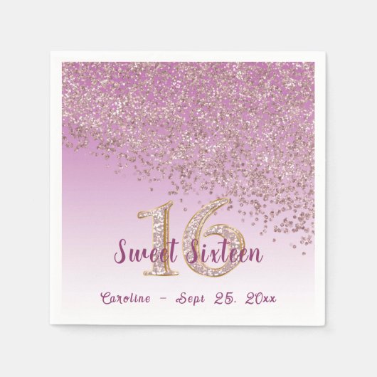 Sweet 16 Falling Roos Gold Glitter & Monogram Servet (Voorkant)