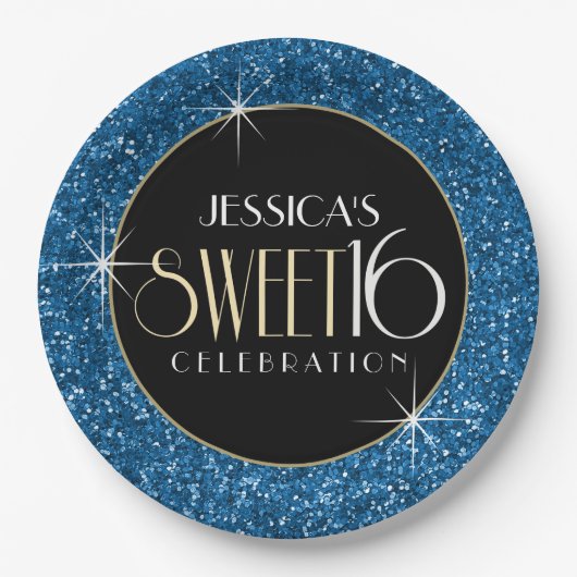 Sweet 16 Faux Blue Glitter Papieren Bordje (Voorkant)